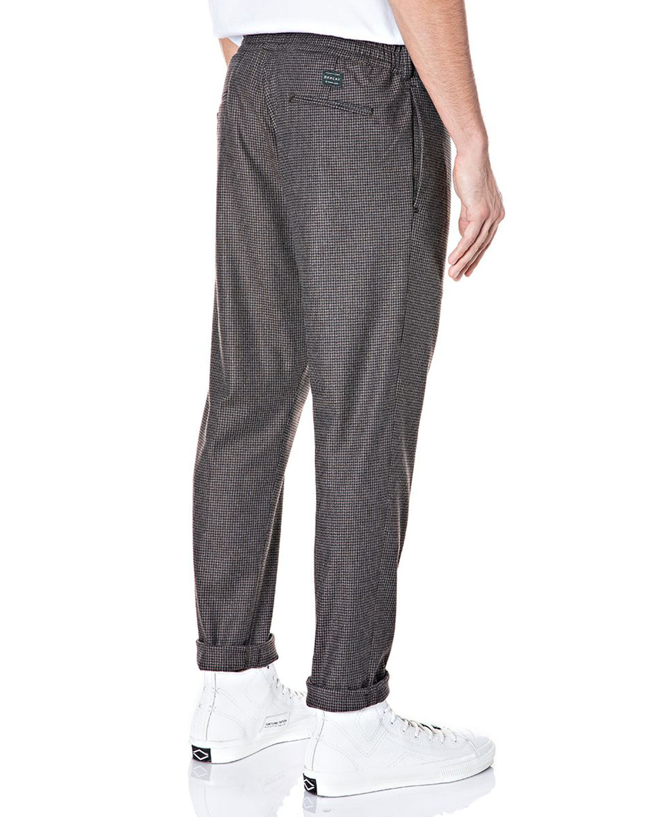 Replay Pantalon Chino en Flanelle Tailorded imprimé pied-de-poule marron
