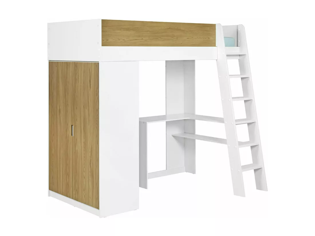 Pack lit mezzanine avec matelas 90x190 cm panneaux de fibres blanc et bois MEMPHIS