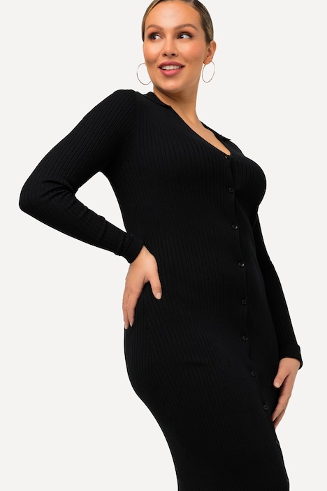 Strick-Midikleid, Hemdkragen, V-Ausschnitt, Langarm