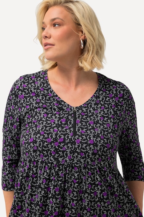 Jerseykleid, Blüten, A-Linie, V-Ausschnitt, 3/4-Arm