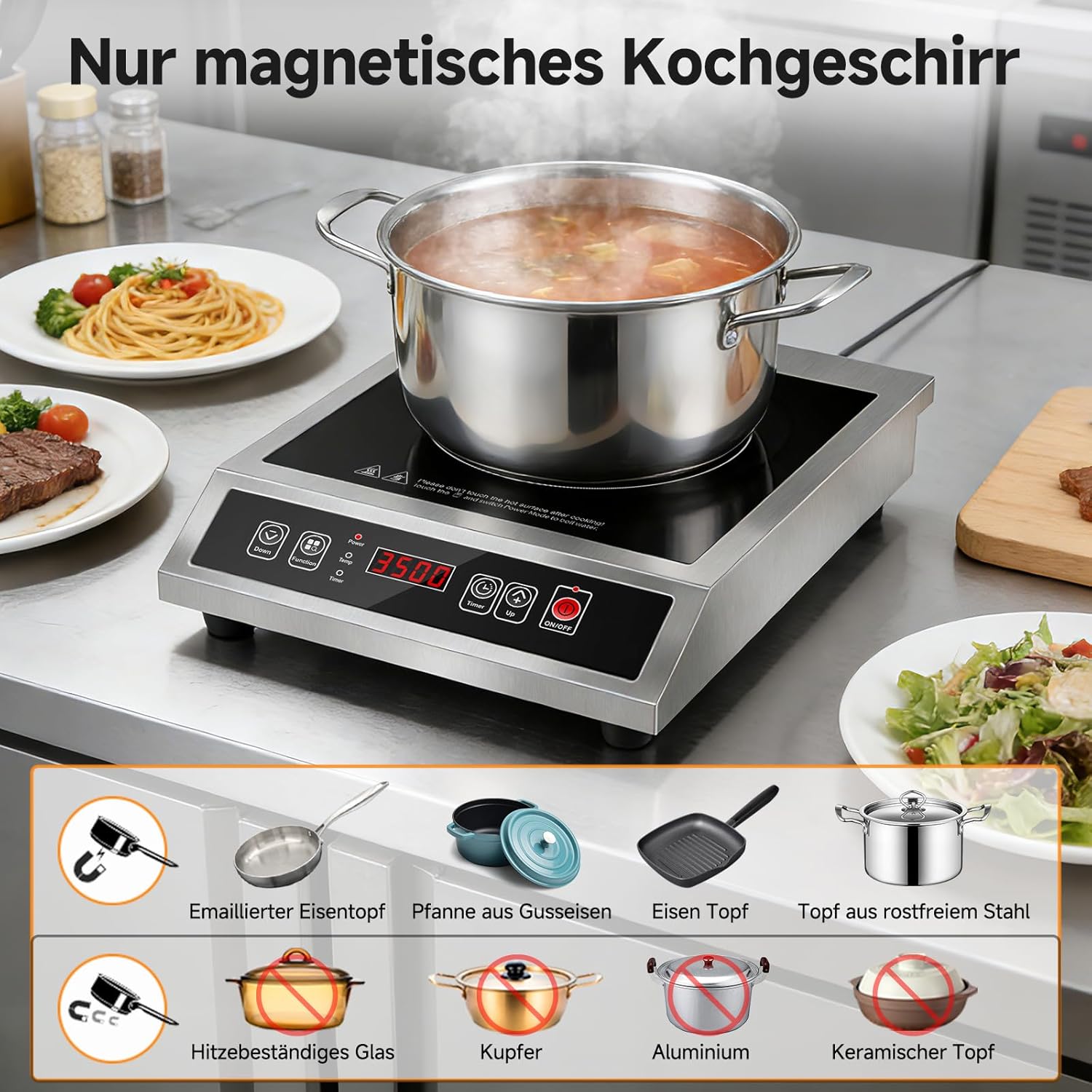 AMZCHEF Gewerbliches Induktionskochfeld 3500W, Tragbares Induktionskochplatte, 21 Leistungs- & 20 Temperaturstufen, Edelstahlgehäuse, 10H-Timer, Geeignet für Professionelle Catering Küche Restaurant