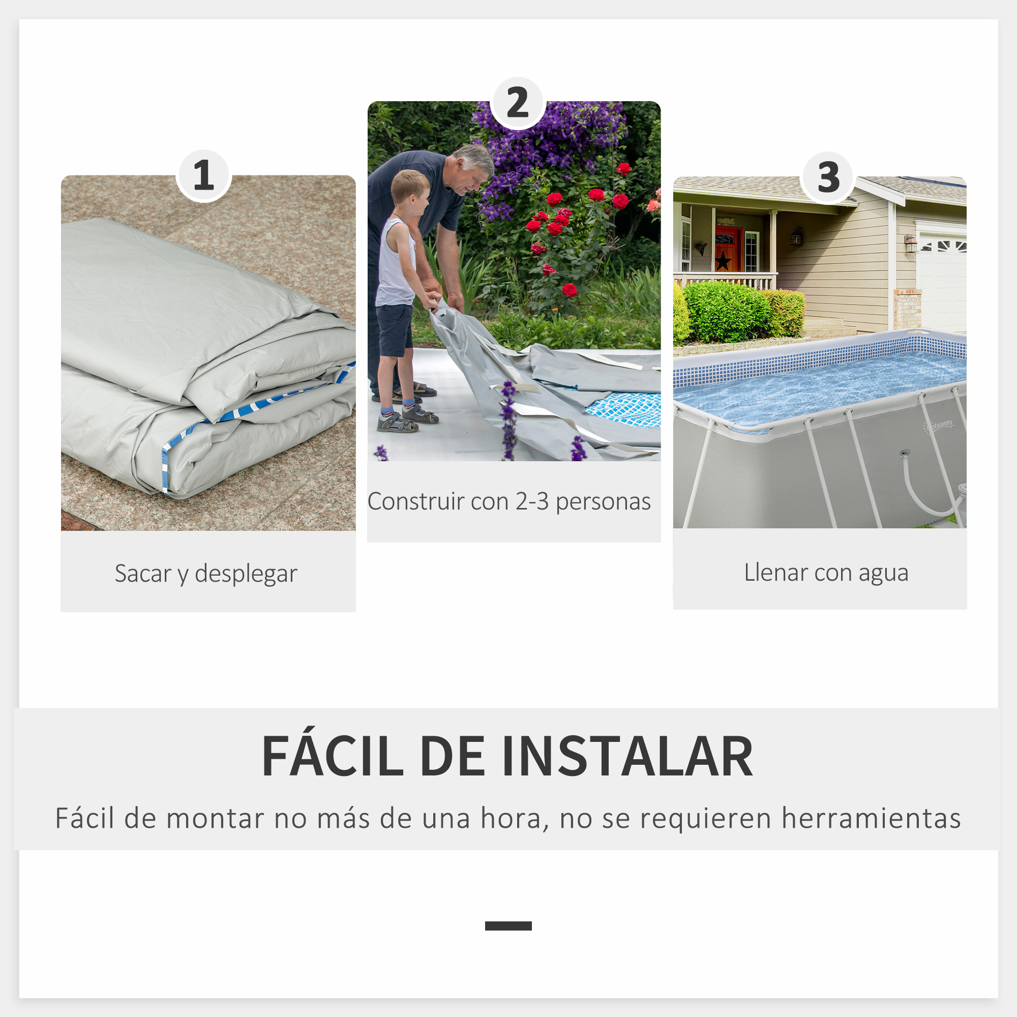 Piscina retangular removível Outsunny de 440x240x122 cm para uso externo, com bomba de filtro de cartucho de 4.000 L/h e estrutura de aço de 9.760 L, cinza.