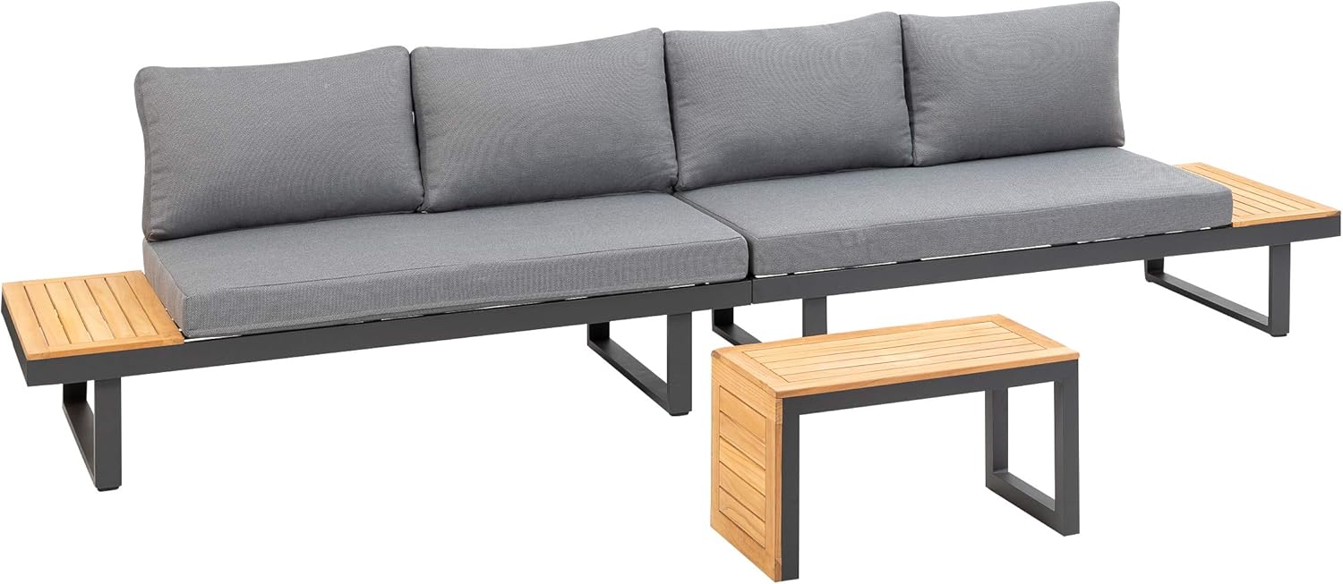 greemotion Lounge-Set Samara, Gartenmöbel-Set aus Aluminium, inklusive Kissen, Anthrazit / Holzfarben / Grau, Mittel