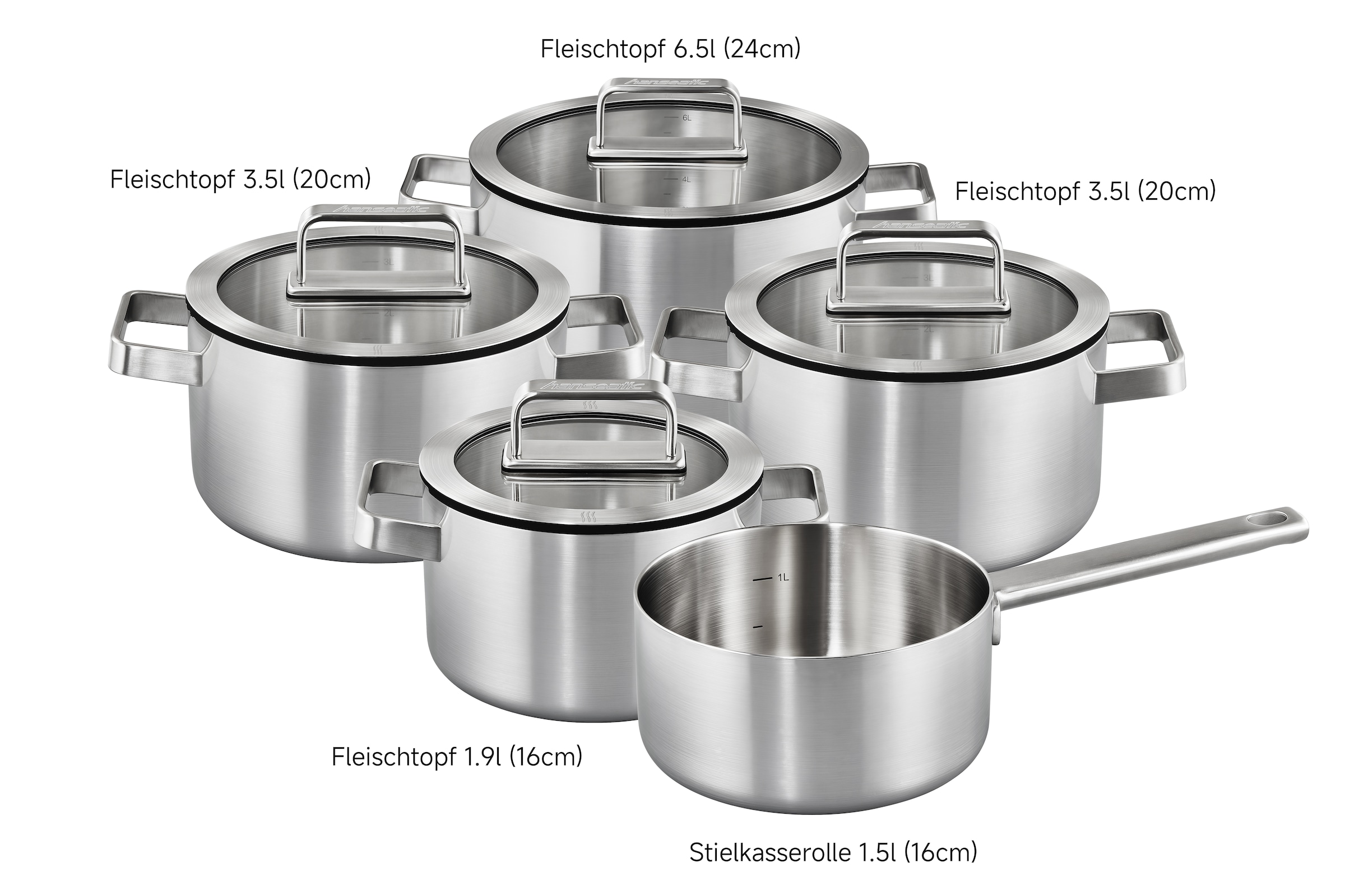 Hanseatic Topf-Set »PREMIUM« Set, Kochtopf 1x 16 cm / 2x 20 cm / 1x 24 cm, Stielkasserolle 16 cm, 9 Stk. tlg. Edelstahl