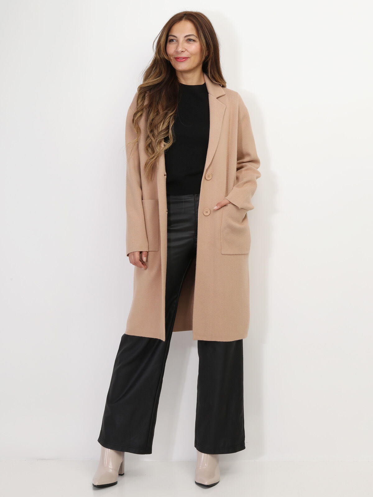 Gilet mi-long avec poches et revers de col- Camel