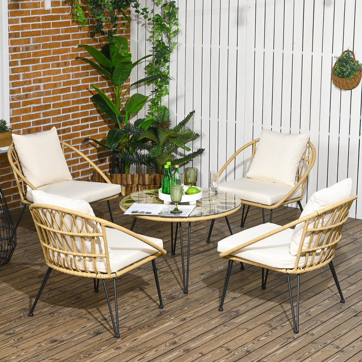 Outsunny 5-delige rotan zitgroep, tuinmeubelset, 1 eettafel, 4 stoelen, met zitkussens, voor balkon, terras, 82L x 82B x 50H cm, polyester, beige