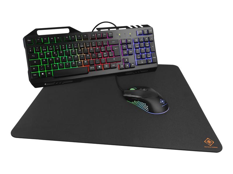 DELTACO Tastatur-Maus-Set GAM-113-CH 3-in-1-Gaming-Paket mit beleuchteter Maus, Tastatur und rutschfestem Mauspad