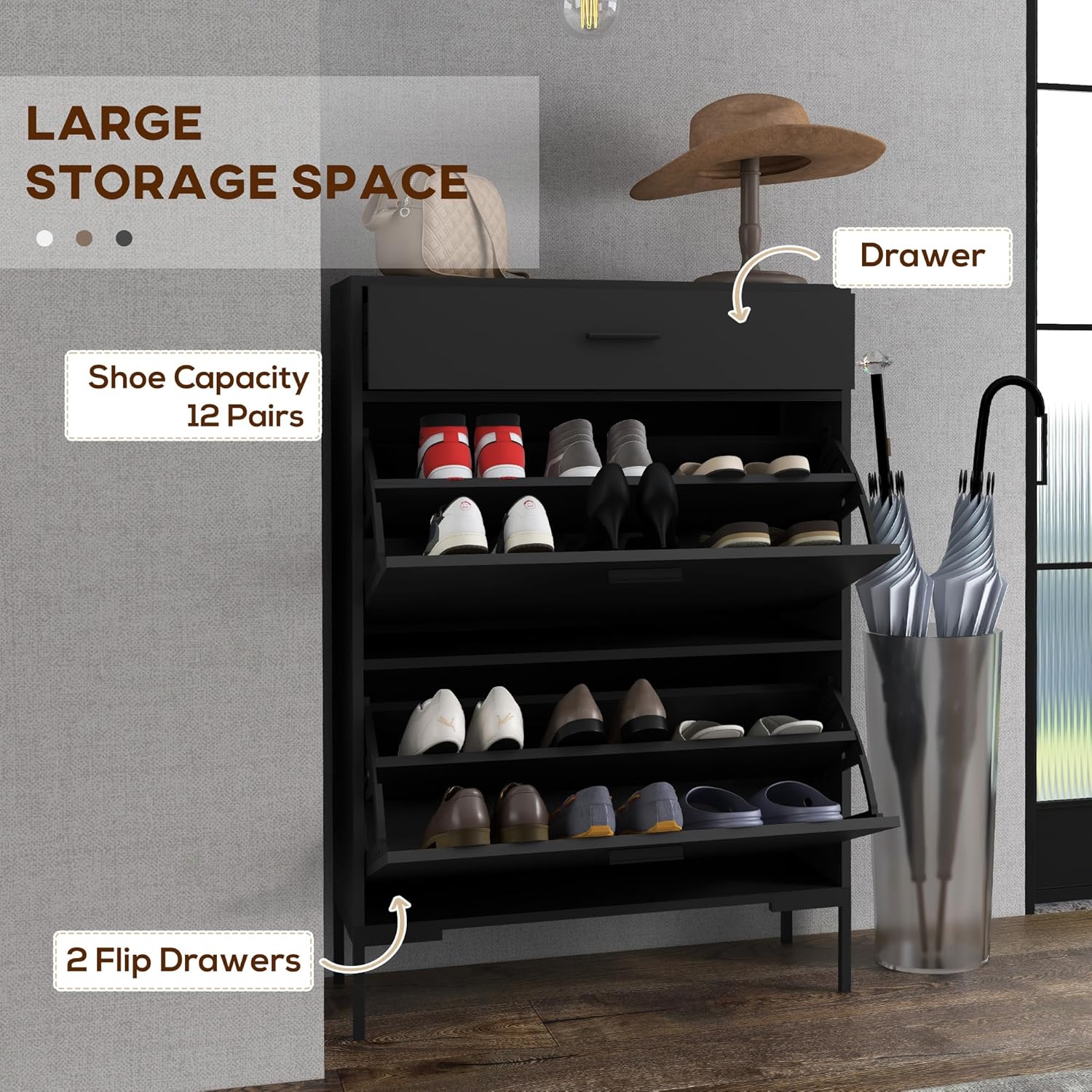 HOMCOM 3 Drawer Shoe Cabinet with 2 Flip Doors, Sliding Out Drawer and Adjustable Shelf for 12 Pairs of Shoes, Narrow Shoe Storage Cabinet for Hallway, Entryway, Black