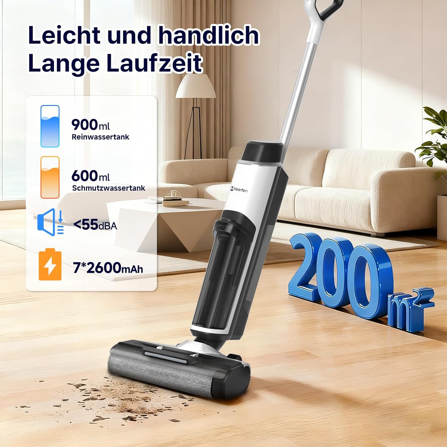Hearten Nass Trockensauger Akku, Tiefenreinigungswasser Durch Elektrolyse Erzeugen, Sprachansage, Staubsauger mit Wischfunktion, Selbstreinigung, LED-Display, für Harte Boden,Tierhaare