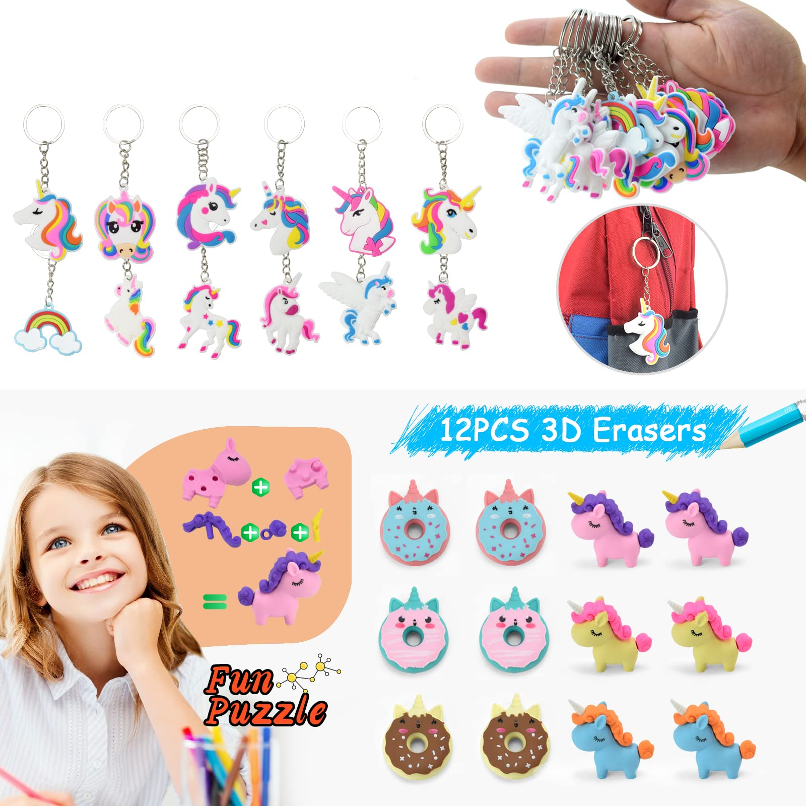 (108-tlg. Set) Party Geschenke Kinder Geburtstag Mitgebsel Armbänder / Klebetattoos / Schlüsselanhänger / Haarreifen Mitbringsel - Einhorn
