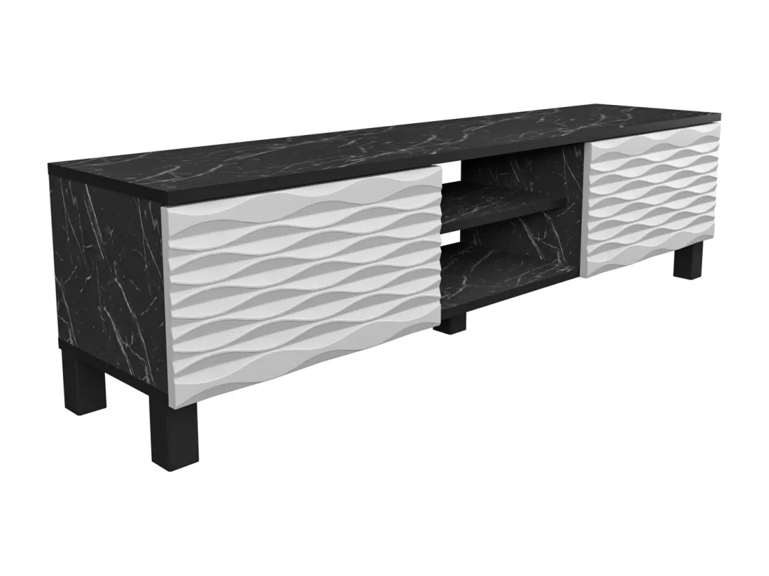 Meuble TV Lukas de 150 cm avec Armoires et Etagères Ouvertes (Effet marbre noir et blanc)