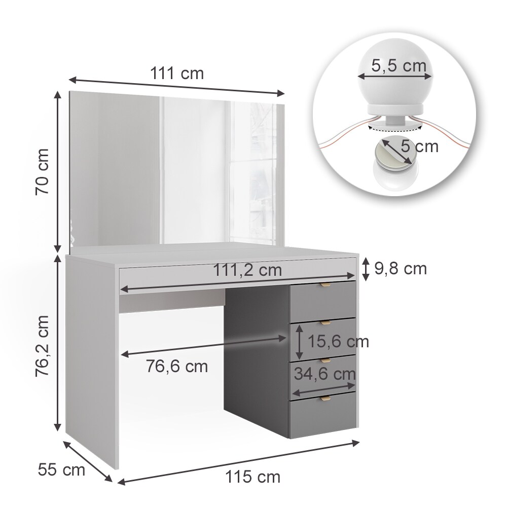 Vicco Schminktisch Elise Weiß Grau 115 x 76 cm modern Frisiertisch Schubladen Spiegel LED-Beleuchtung