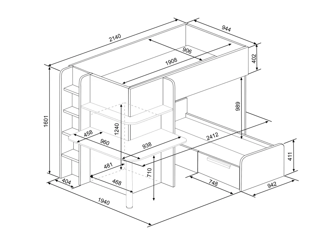 Lits superposés d'angle 2 x 90 x 190 cm - Avec bureau - Gris, blanc et rose - SAMUEL