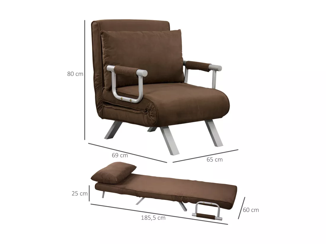 Fauteuil chauffeuse canapé-lit convertible 1 place déhoussable grand confort coussin pieds accoudoirs métal suède marron