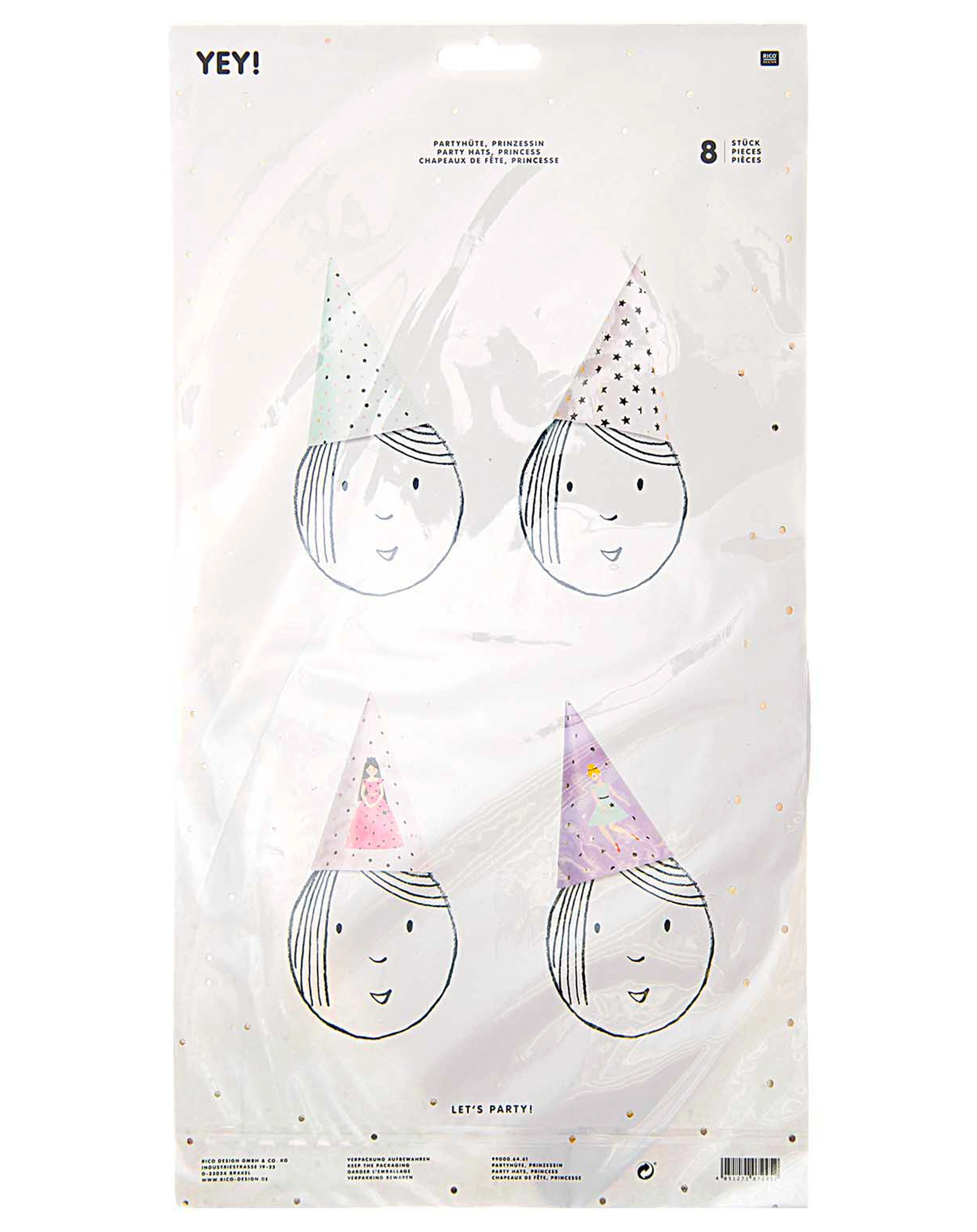 Partyhüte PRINZESSIN 8er-Pack in rosa/lila/türkis