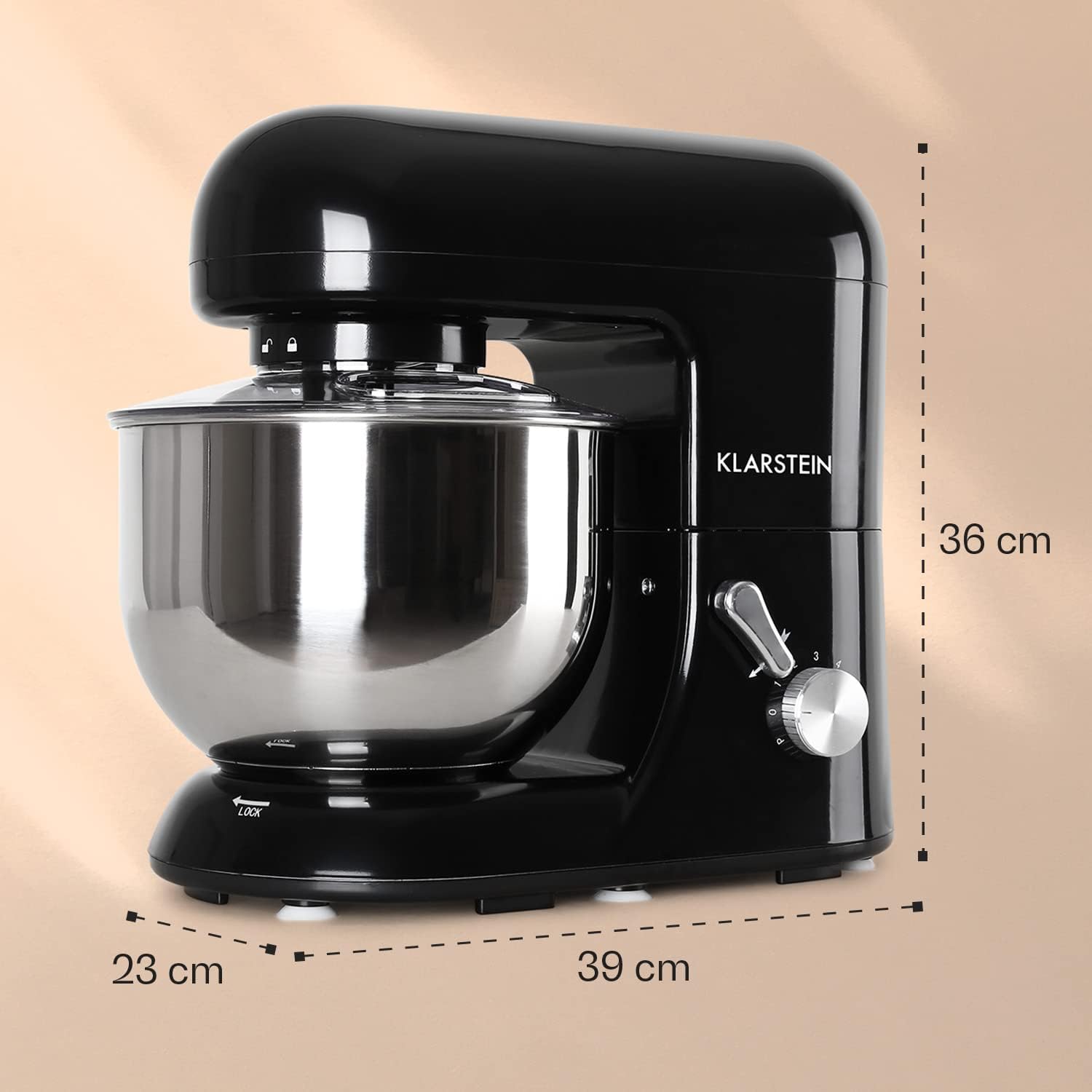 Klarstein Bella Nera Küchenmaschine Rührgerät (1200 Watt, 5,2 Liter-Rührschüssel, 6-stufige Geschwindigkeit) schwarz