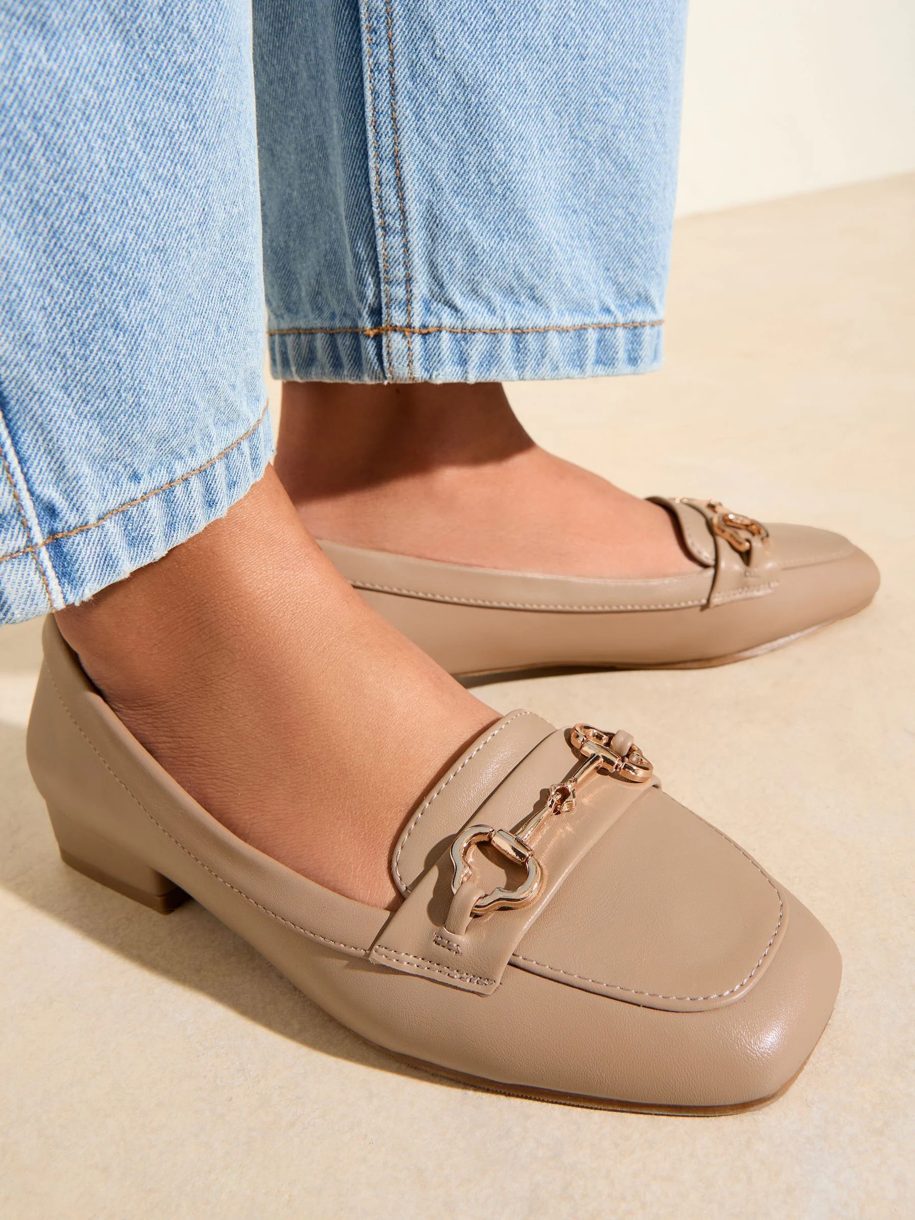 Taupe - Friends Like These Snaffle Square Toe Low Block Heel Comfort Faux Leather Loafer Shoes