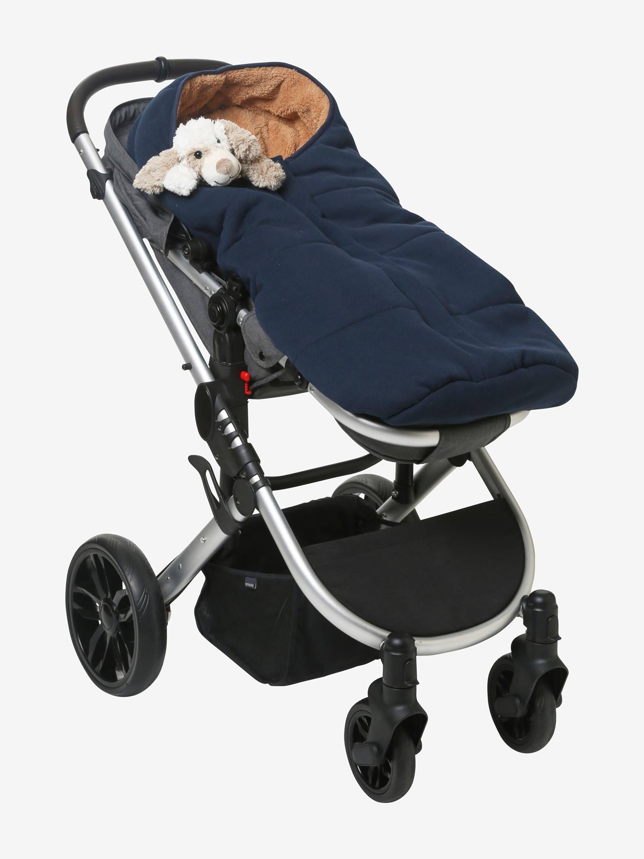 Bolsa de carrinho de bebê de pelúcia com forro de malha azul-escuro liso.