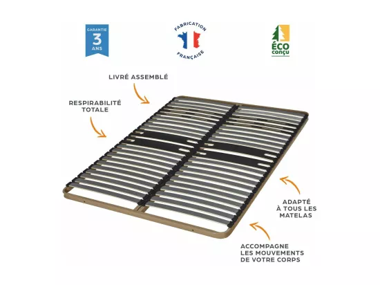 Sommier à lattes + pieds 80x190 C322 - 22 lattes bois - Fabrication française