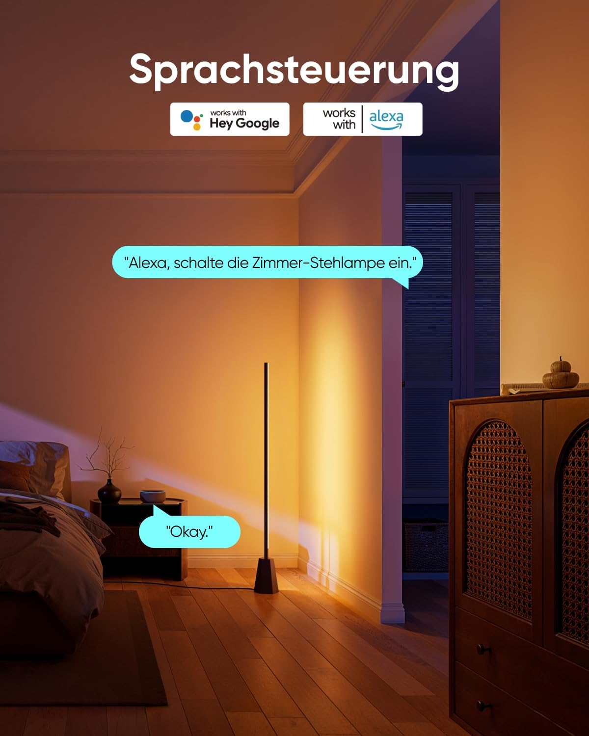 eufy Zimmer-Stehlampe E10, RGBWW LED, Smarte Stehlampe für Wohn- und Schlafzimmer, 16 Mio. Farben, 1700 Lumen, Kompatibel mit Google, Endlose KI-Lichtthemen, App-Steuerung, Musikmodus, Schwarz