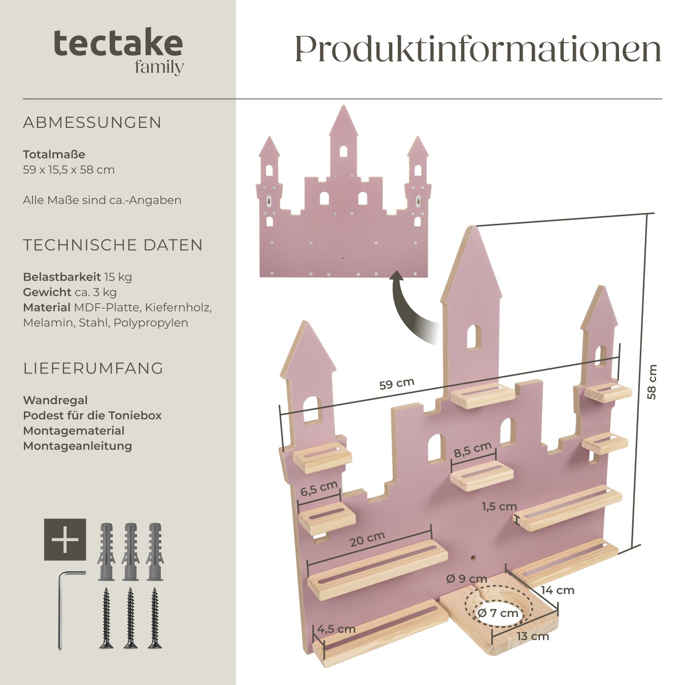 tectake® Wandregal, für bis zu 22 Tonies, abgerundete Ecken, 59 x 15,5 x 58 cm, unsichtbare Aufhängung
