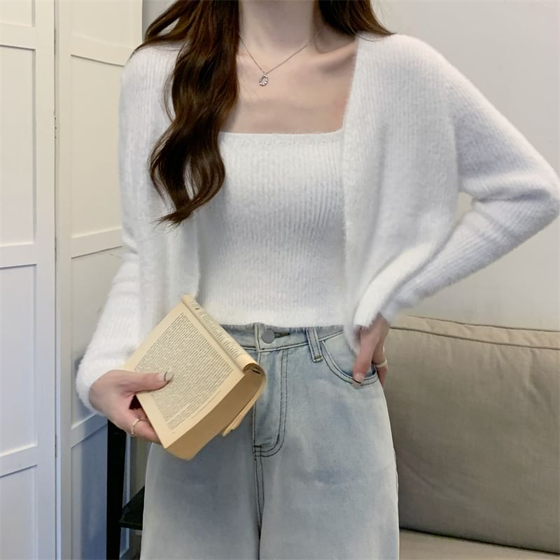 Ukiyo - Set: Effen gebreide camisole top + vest
