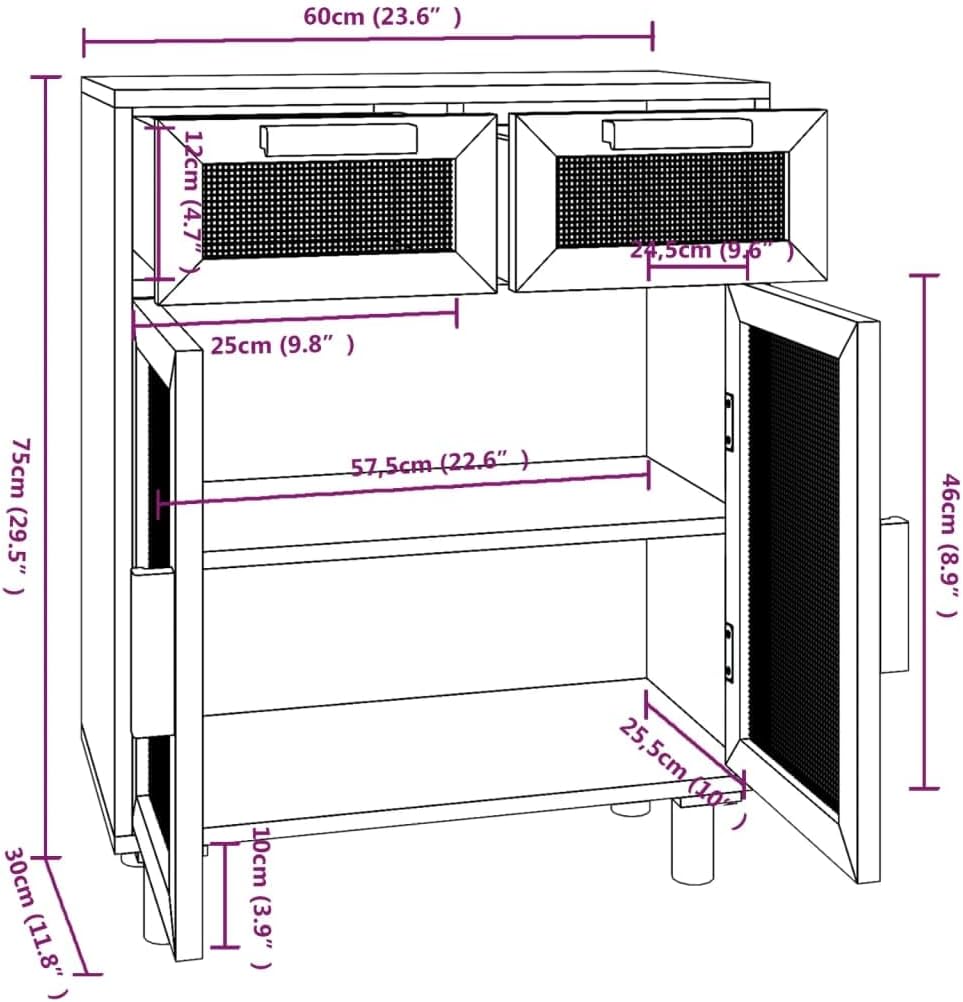 vidaXL Sideboard Schrank Anrichte Beistellschrank Kommode Mehrzweckschrank Standschrank Weiß 60x30x75cm Massivholz Kiefer Natur-Rattan
