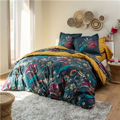 Linge de lit percale motif fleurs et paons - BECQUET CRÉATION