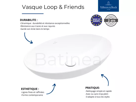 Vasque ovale à poser VILLEROY ET BOCH Loop and Friends non meulé 56 x 38 Blanc CeramicPlus sans trop plein