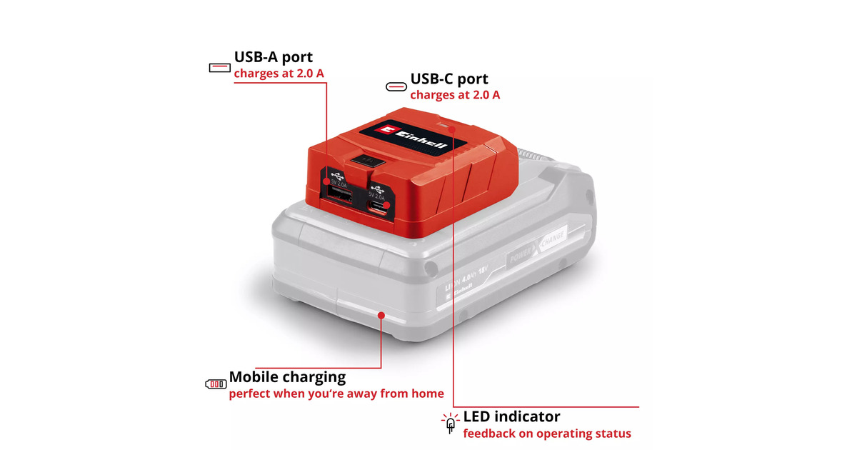 EINHELLAccu USB-Powerbank TC-CP 18 Li USB A/C-Solo adapter  (Rood, Accu en oplader niet inbegrepen)