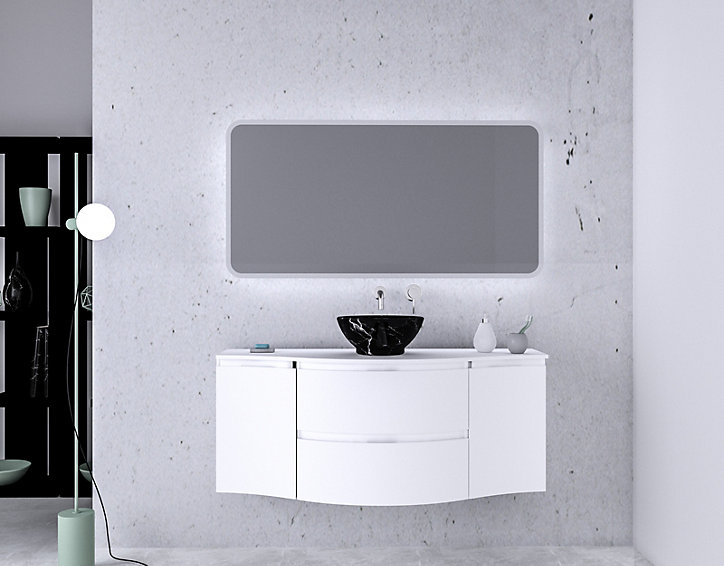 Ensemble Vague L.138 cm meuble sous vasque à suspendre blanc mat + plan de toilette blanc mat central