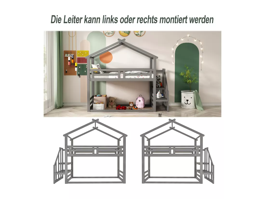 Lit superposé d'enfant 90x200cm - lit cabane avec escalier de sécurité, cadre de lit en bois massif avec sommier à lattes - gris