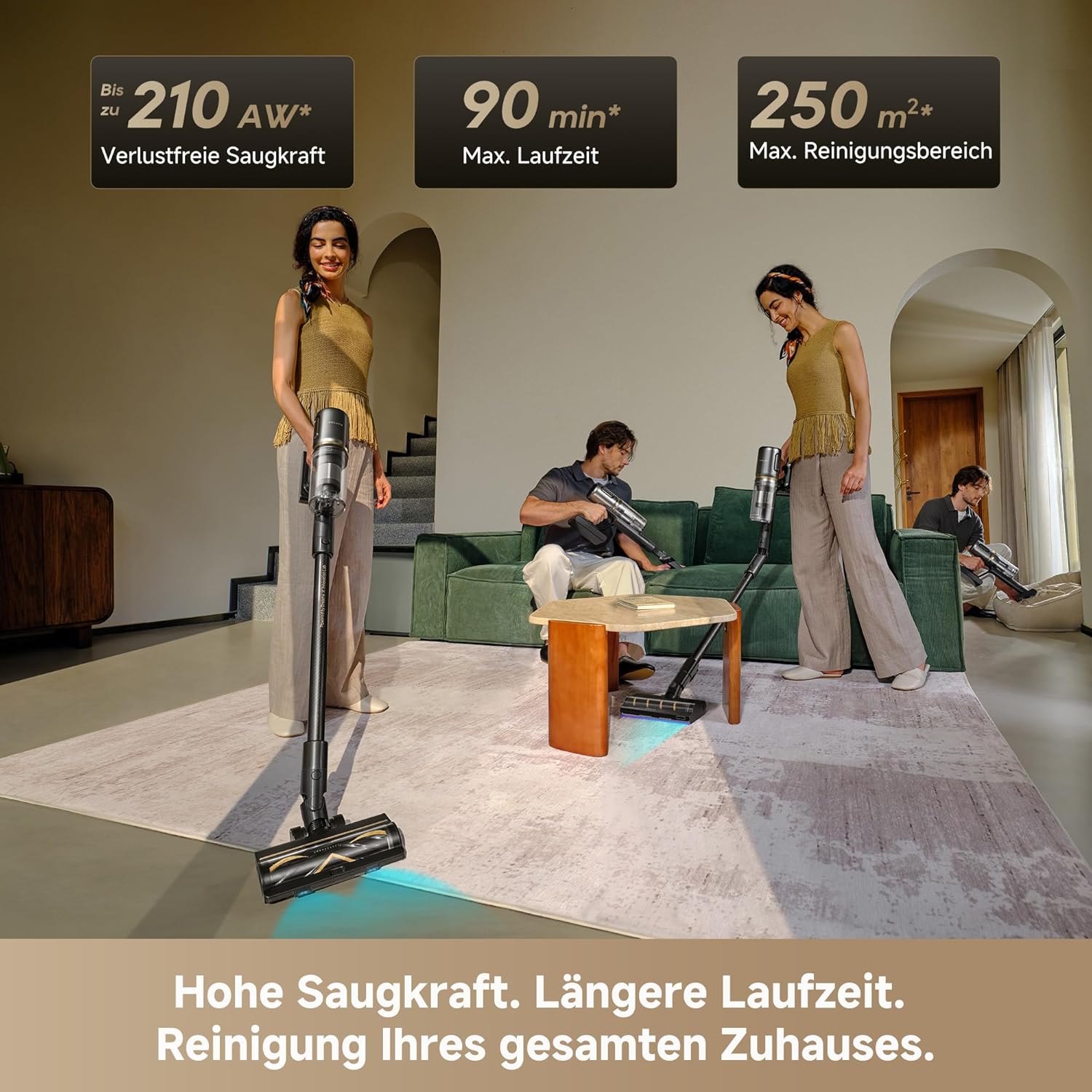 dreame V20 Kabelloser Staubsauger, Kantenreinigung 0 mm, für Hartböden und Teppiche, 25.000PA / 210 AW Saugkraft, ohne Verheddern, 90 Minuten maximale Laufzeit, Filterung 99,99%, entfernt Tierhaare