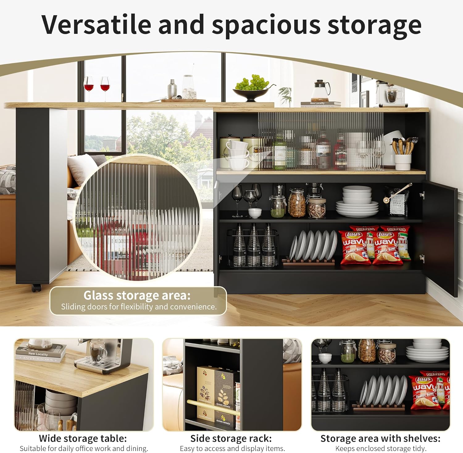 Azkoeesy Bartisch Esstisch 360° drehbare mit Stauraum, 90 x 45 x 100-165 cm, mit Rollen, Seitenregal, Schiebetüren aus Glas, Stehtisch/Bistrotisch/Hochtisch/Kücheninsel, schwarz