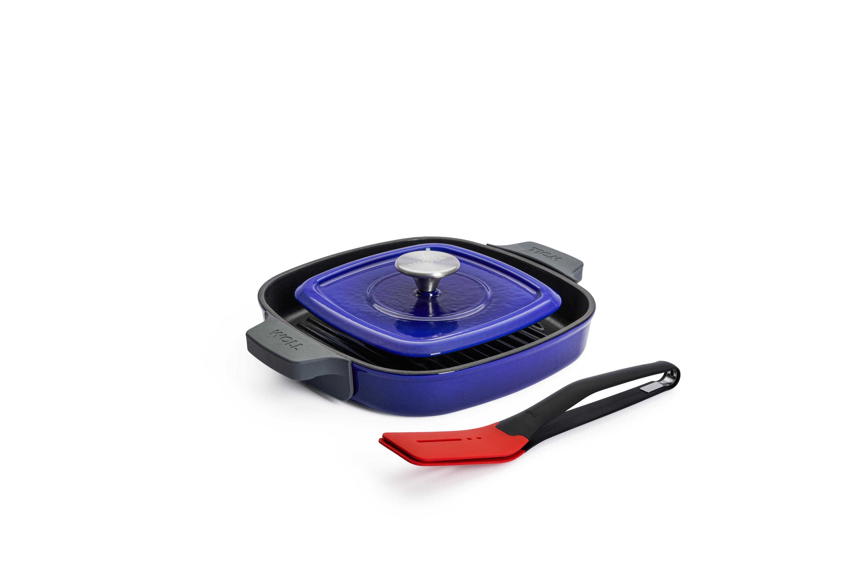 Iron Guss-Grillpfannen-Set mit Küchenzange, 24 x 24 cm - Farbe: Cobalt Blue