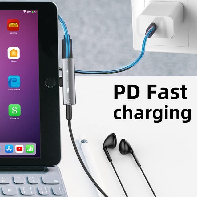 USB-C til 3,5 mm adapter til hovedtelefoner og oplader Sort