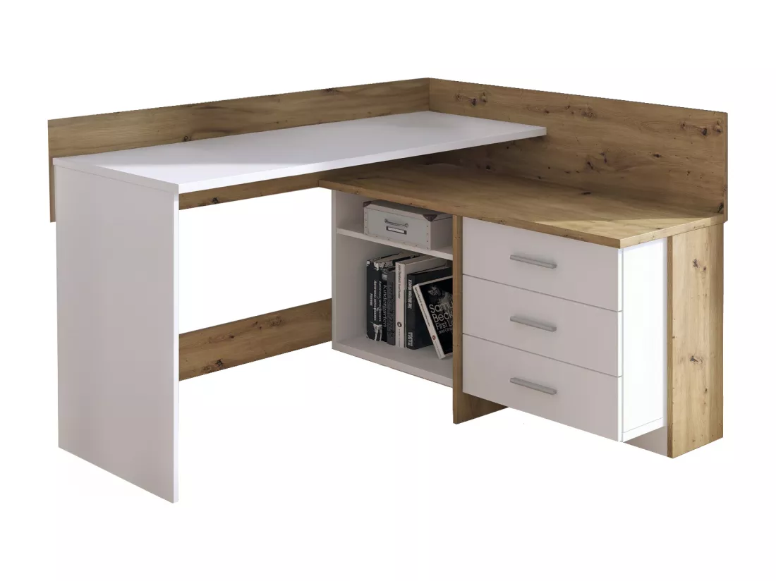 Bureau Hudson, Pupitre polyvalent, Table de bureau pour PC, Plan de travail, 130x112h82 cm, Blanc et nuds de chêne clair