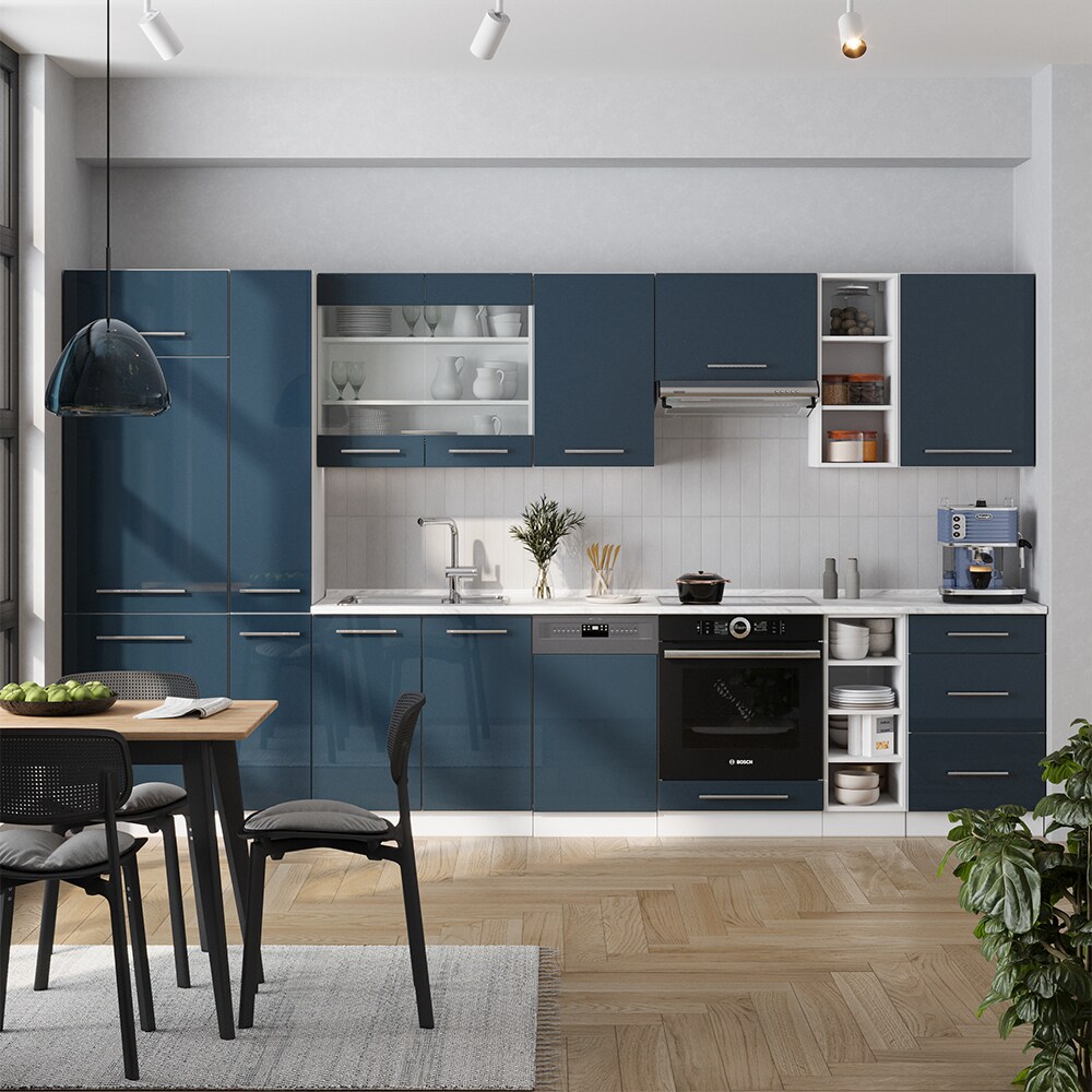 Vicco Küchenzeile Fame-Line Weiß Dunkelblau Hochglanz 355 cm mit Arbeitsplatte Anthrazit