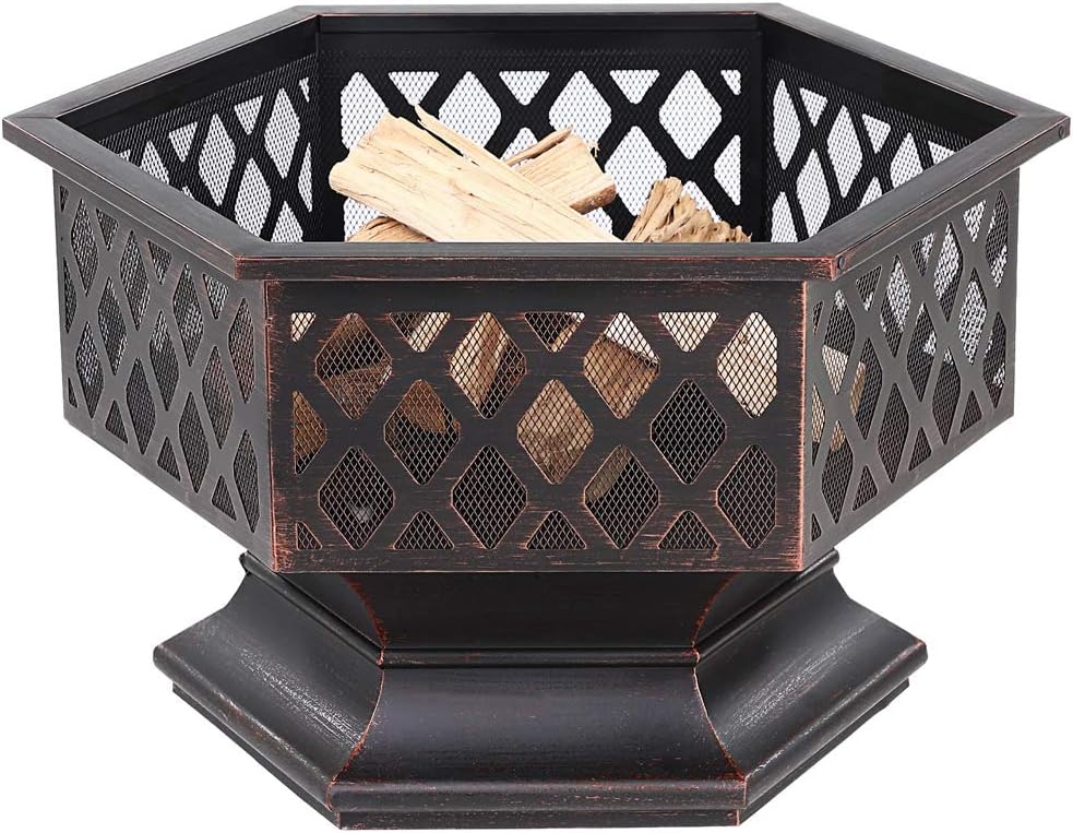 GARDEBRUK® Feuerschale mit Funkenschutz Schürhaken Abdeckung 70cm Eckig Antik Schwarz Terrasse Garten Feuerstelle Feuerkorb Kamin Ofen Holz Grill