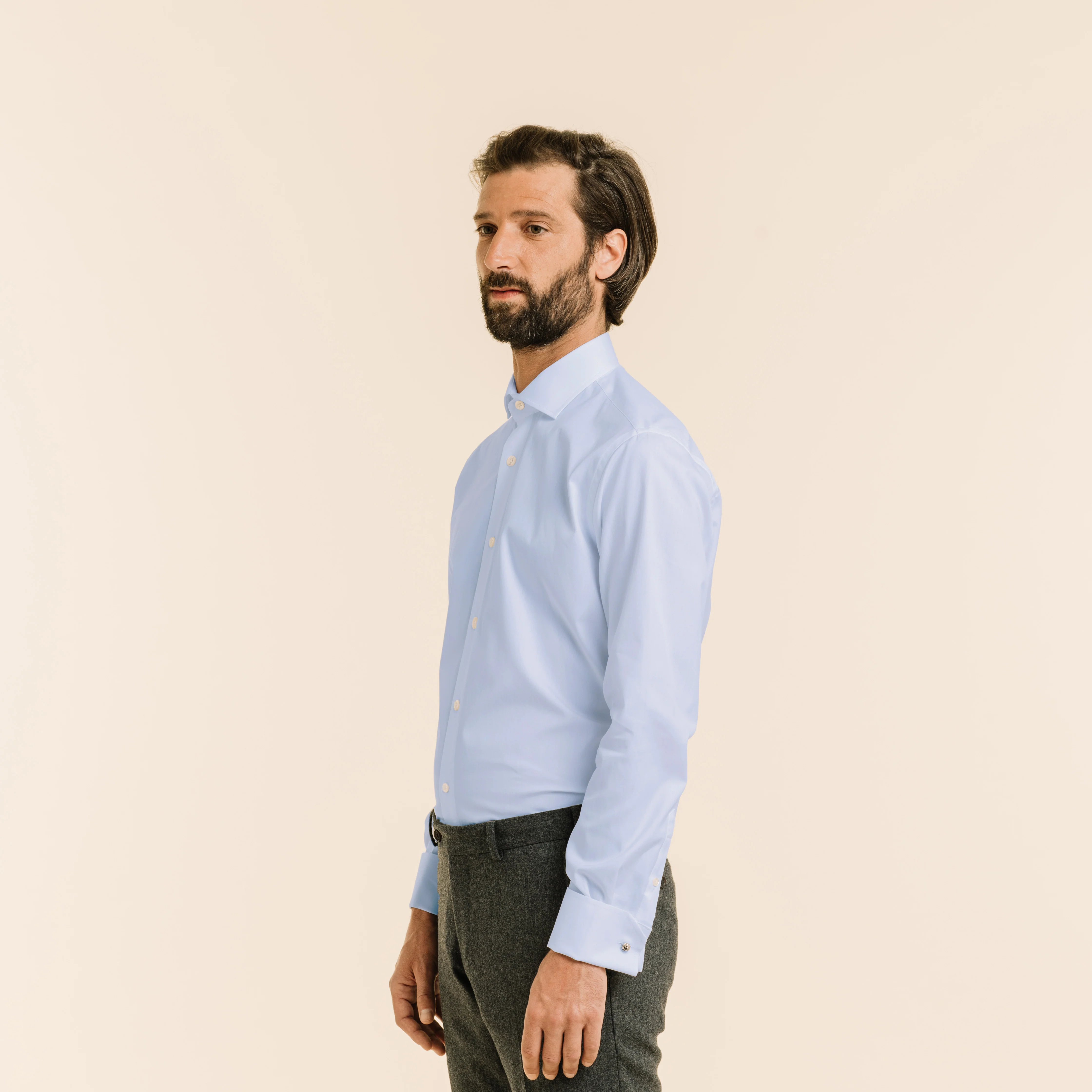 Blue double-twisted double-twisted Oxford shirt with French cuffs