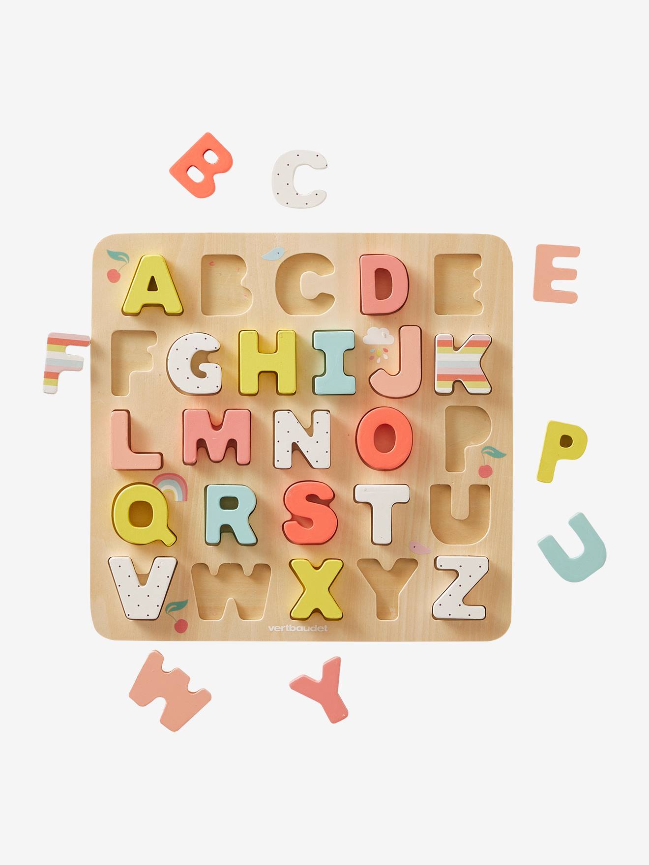 Quebra-cabeça de madeira com letras para encaixar, multicolorido