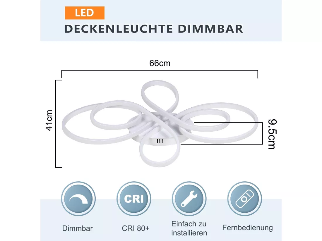 NETTLIFE Plafonnier LED Dimmable 66cm Moderne Blanc 65W Lampe de Chambre avec Télécommande Grand pour Salon Salle à Manger Bureau Étude