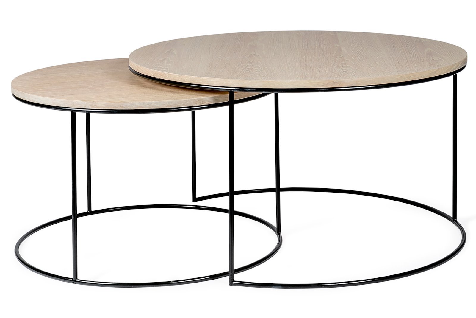 Round sofabordsett Hvitoljet eikefinér med sorte stålben. 90x50 cm / 70x45 cm.