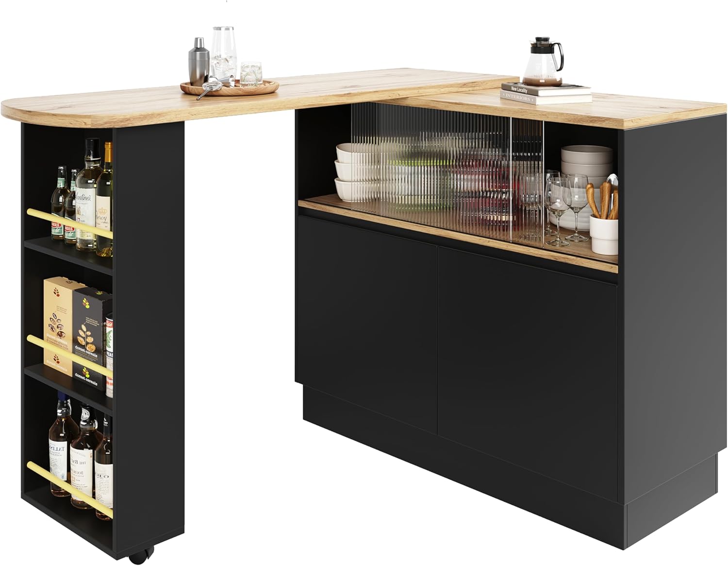 Azkoeesy Bartisch Esstisch 360° drehbare mit Stauraum, 90 x 45 x 100-165 cm, mit Rollen, Seitenregal, Schiebetüren aus Glas, Stehtisch/Bistrotisch/Hochtisch/Kücheninsel, schwarz