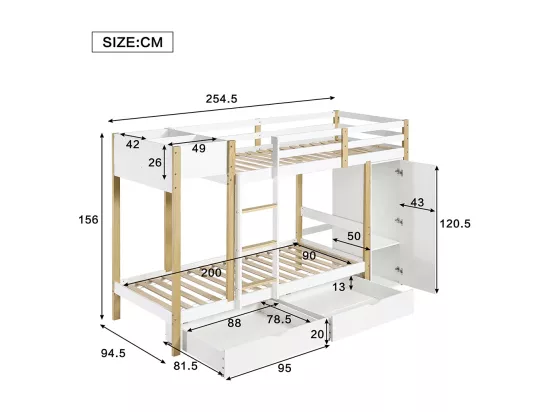 Lit superposé pour enfants 90x200 cm, avec échelle à 3 marches, 2 armoires de rangement, 2 tiroirs sur roulettes, pin + MDF, blanc + naturel