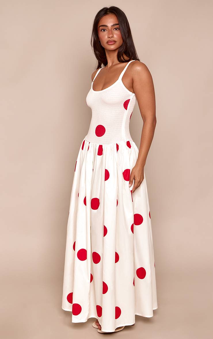 Crème Robe Maxi Petite À Taille Basse Froncée Et Pois