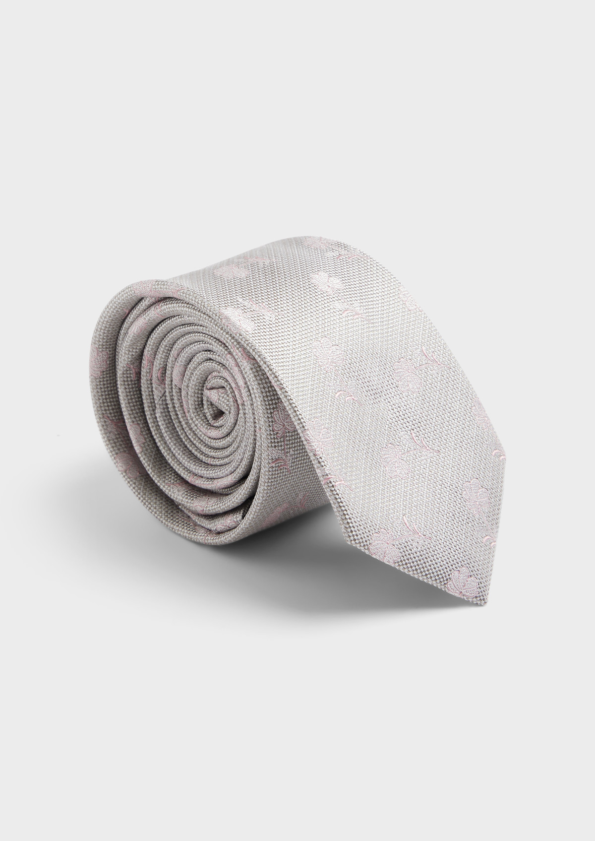 Cravate large en soie gris perle à motif fleuri rose