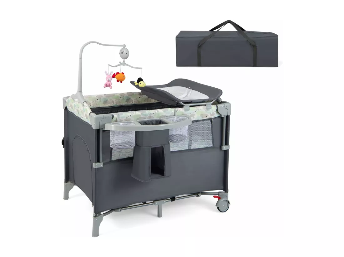 Lit Parapluie Bébé 5 en 1 avec Table à Langer Amovible, Lit Cododo Pliable avec Matelas, Musique et 3 Jouets Suspendus, 2 Roues Verrouillables, Sac de Transport pour 0-36 Mois (Gris)