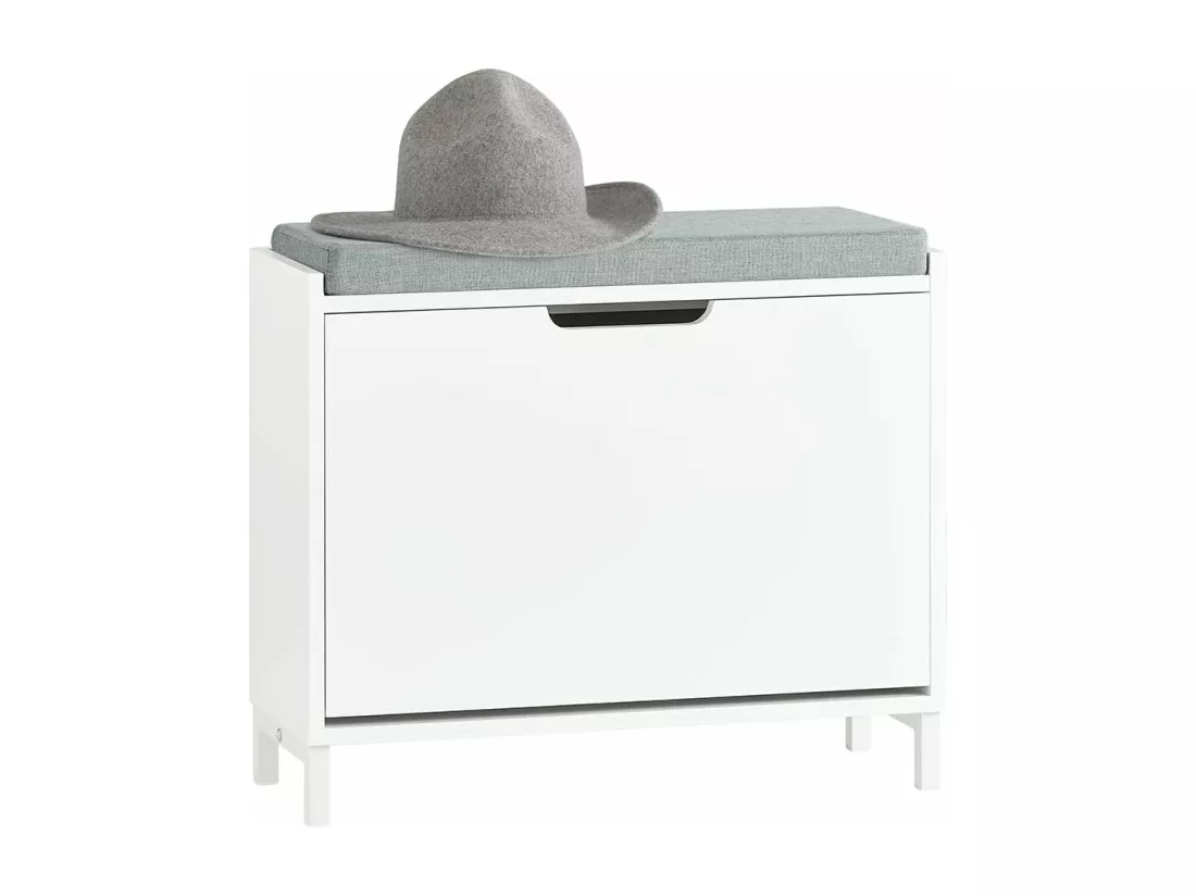 SoBuy Banc Chaussures, Rangement pour Chaussures, Armoire à Chaussures, Meuble d'entrée, Coffre avec 1 Abattants et 1 Coussin, Blanc, L60xP24xH52 cm, FSR151-K-W
