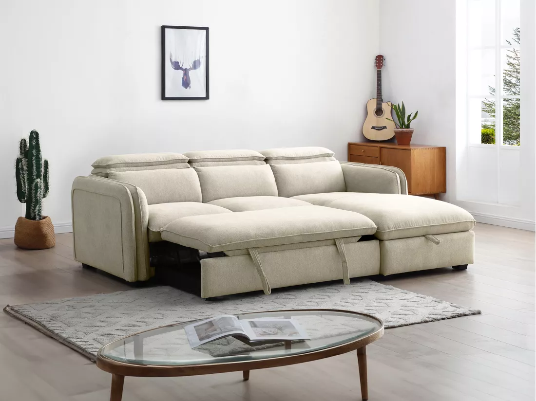 Canapé d'angle droit convertible en tissu beige ORELANA